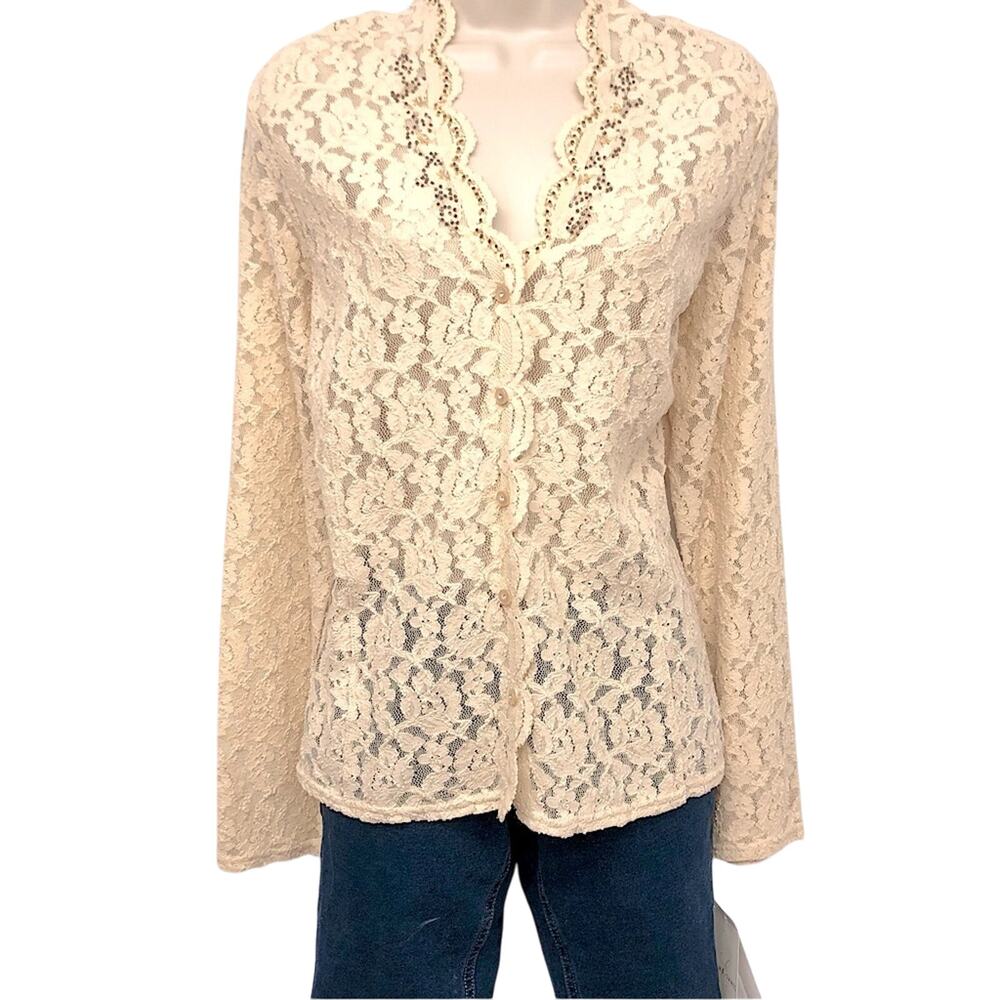 Vintage 90s NWT Emma James Ivory Lace Beaded Cardigan Golden Age Timeless Staple
